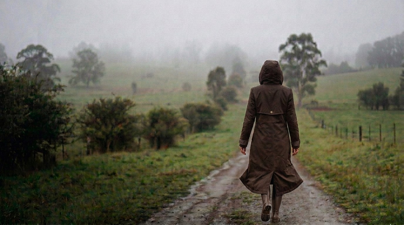 A woman in a long chocolate hooded parka walking a misty country lane
